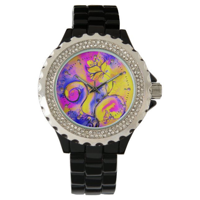 BLUE PINK YELLOW WHIMSICAL BLUME ARMBANDUHR (Vorderseite)