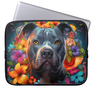 Blue Pitbull Hund mit Blume Laptop Bag Laptopschutzhülle