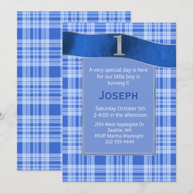 Blue Plaid Baby Boy Invitation d'anniversaire (Devant / Derrière)