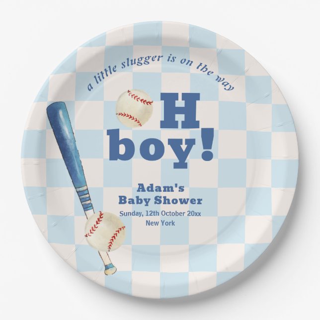 Blue Plaid Little Slugger Baseball Baby Shower  Pappteller (Vorderseite)