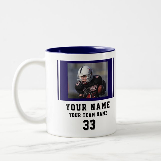 Blue Player Name Number Team Photo Zweifarbige Tasse (Links)