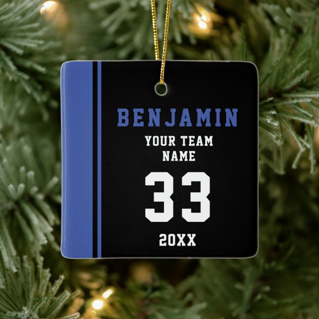 Blue Player Name Number Team Sports Kids Keeper Keramikornament (Baum)