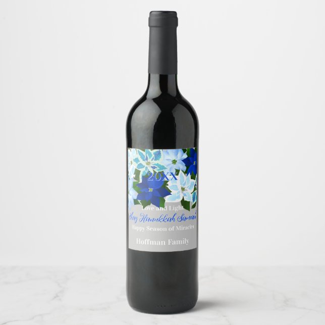 Blue Poinsettia Hanukkah Weinetikett (Vorderseite)