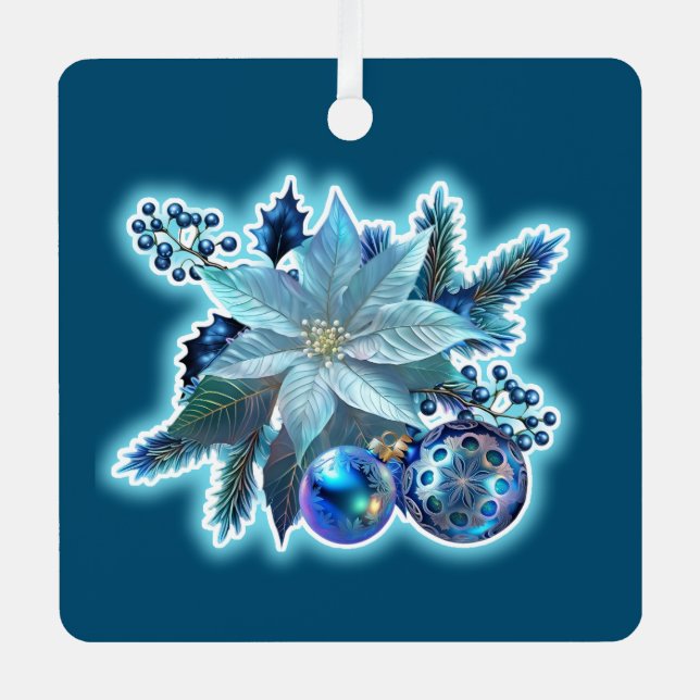 Blue Poinsettia Joy Ornament Aus Metall (Vorderseite)