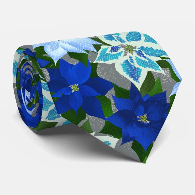Blue Poinsettia Silver Christmas Krawatte (Gerollt)