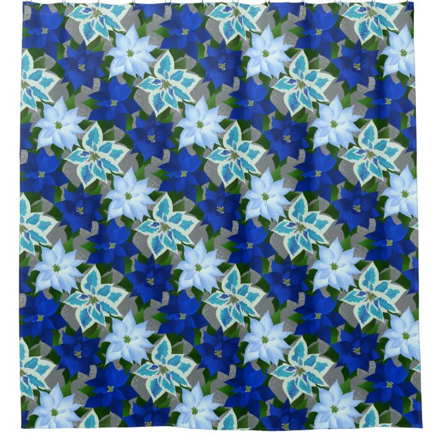 Blue Poinsettias Silver Christmas Duschvorhang (Vorderseite)