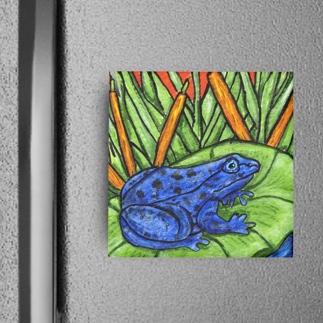 Blue Pois0n Frosch Magnet (Blue poison frog on lily pad yellow reeds grass blades on square magnet.)