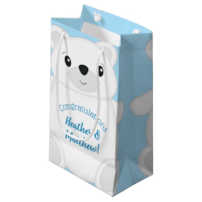 Blue Polar Bear Baby Dusche Kleine Geschenktüte (Vorderseite Schrägansicht)