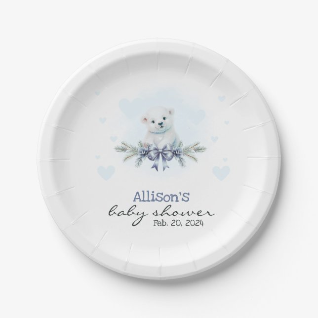 Blue Polar Bear Cub Boy Hearts Winter Baby Dusche Pappteller (Vorderseite)