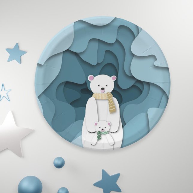 Blue Polar Bear Mama und Baby in Cave Party Pappteller (Von Creator hochgeladen)