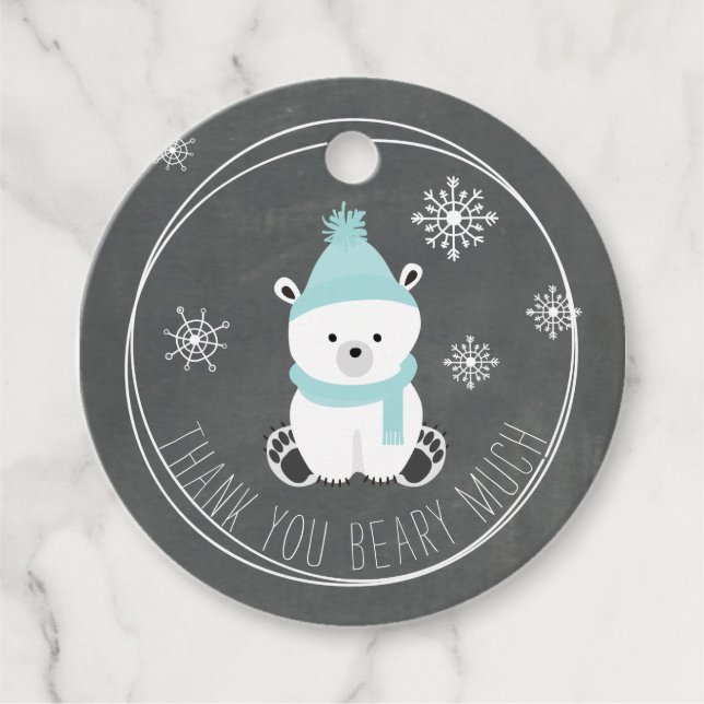 Blue Polar Bear Snowflakes Chalkboard Baby Dusche Geschenkanhänger (Vorderseite)
