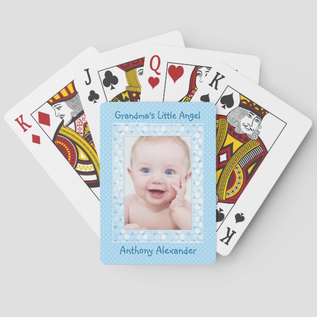 Blue Polka Dot Baby Boy Foto Template Spielkarten (Rückseite)