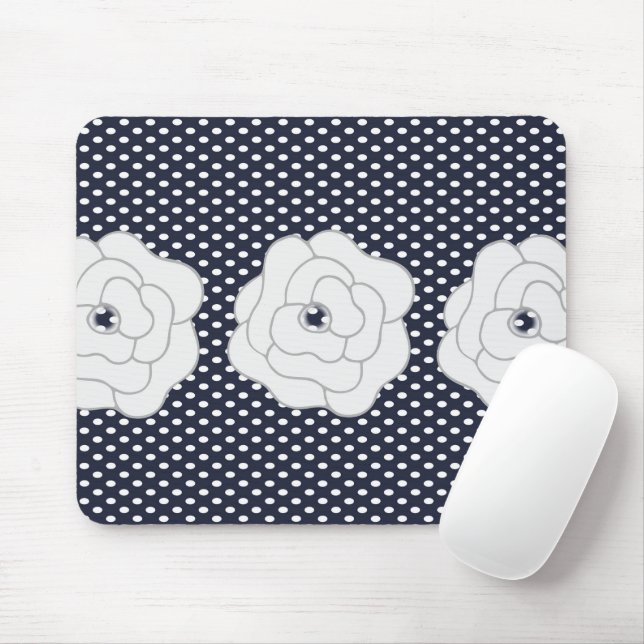 Blue Polka Dot & Big White Blume Mousepad (Mit Mouse)
