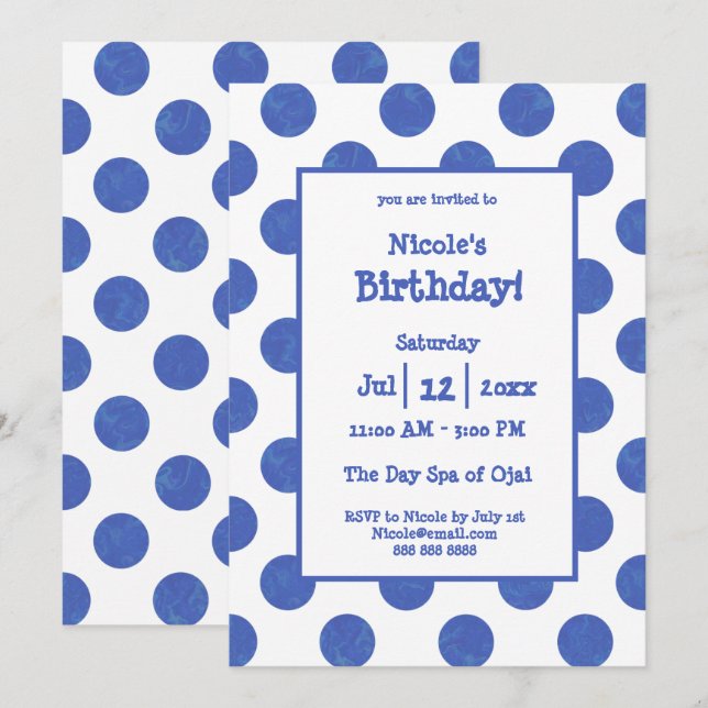 Blue Polka Dot Birthday Party Einladung (Vorne/Hinten)