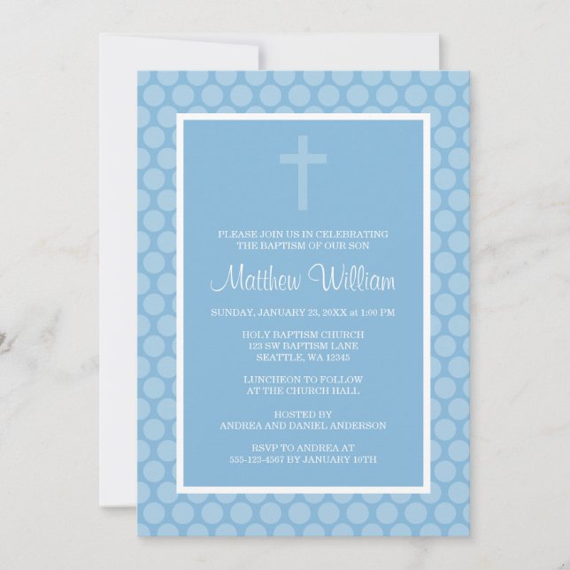 Blue Polka Dot Cross Boy Taufe Christening Einladung (Vorderseite)
