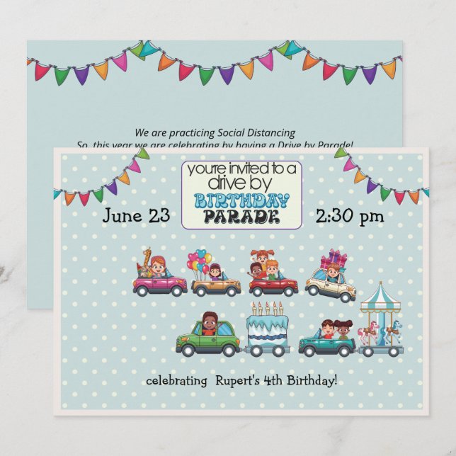 Blue Polka Dot Drive by Birthday Parade Einladung (Vorne/Hinten)