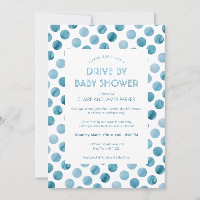 Blue Polka Dot Drive mit Baby-Dusche Einladung (Vorderseite)