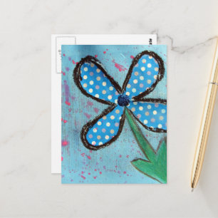 Blue Polka Dot Mixed Media Blume Postkarte