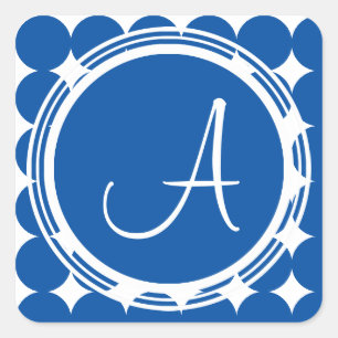 Blue Polka Dot Monogram Quadratischer Aufkleber