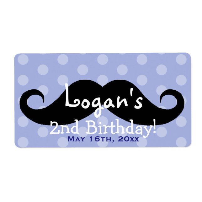 Blue Polka Dot Mustache Geburtstagswasser-Flasche (Vorne)