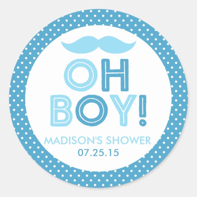 Blue Polka Dot Oh Boy Baby Dusche Runder Aufkleber (Vorderseite)