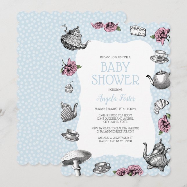 Blue Polka Dot Tea Party Babydusche Einladung (Vorne/Hinten)