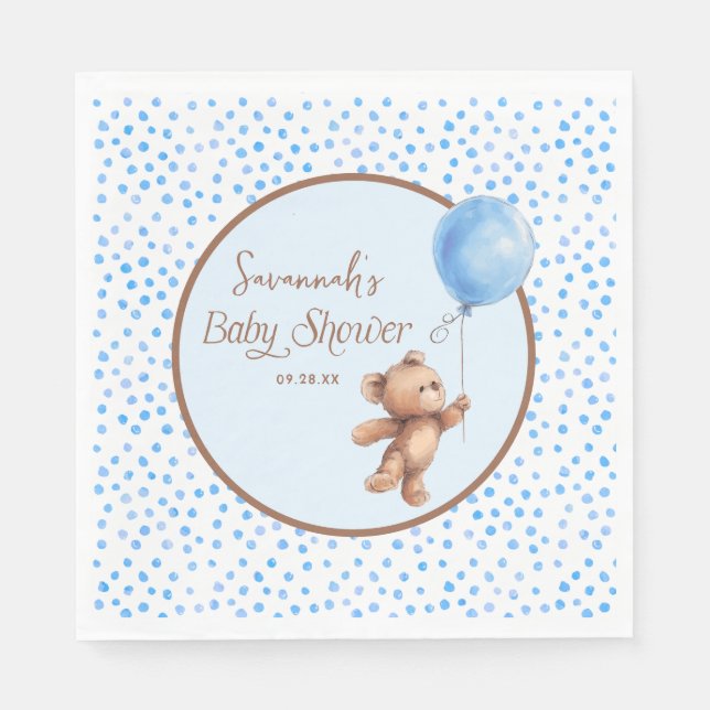 Blue Polka Dot Teddy Bear Balloon Baby Dusche Serviette (Vorderseite)