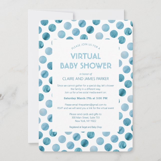 Blue Polka Dot Virtual Baby Dusche Einladung (Vorderseite)