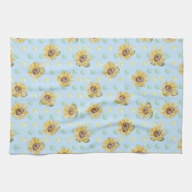 Blue Polka Dot Watercolor Sonnenblume Küchentücher (Horizontal)