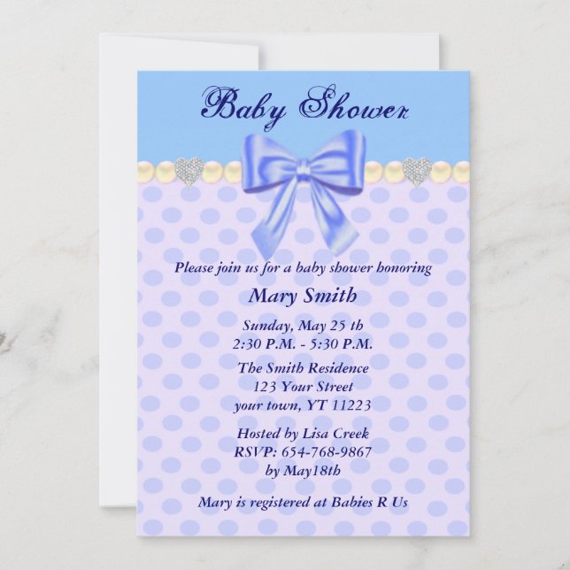 Blue Polka Dots Bow Baby Dusche Einladung (Vorderseite)
