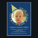 Blue Polka Dots Fun Kids Foto Geburtstagseinladung Einladung<br><div class="desc">Eine farbenfrohe Fotovorlage Einladung perfekt für Kinder. Es hat einen dunklen Polka-Punktmuster-Hintergrund mit Farbtexten und Party mit Details. Es hat eine zirkuläre Fotovorlage für Sie,  um Ihre Kinder Foto hinzuzufügen. Wenn Sie Probleme mit der Anpassung dieser Einladung haben,  klicken Sie bitte auf den Kontaktknopf oben.</div>