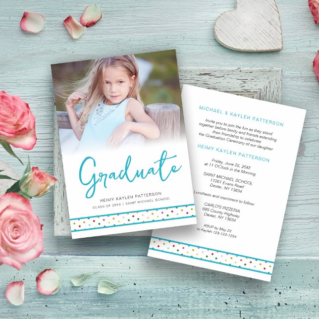 Blue Polka Dots Funny Graduate Photo Graduation  Einladung (Von Creator hochgeladen)