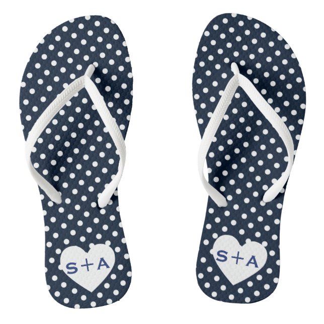 Blue Polka Dots Heart Monogram Honeymoon Flip Flops (Fußbett)