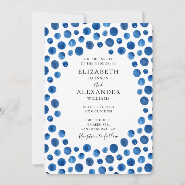 Blue Polka dots Hochzeitseinladung. Marine laden Einladung (Vorderseite)