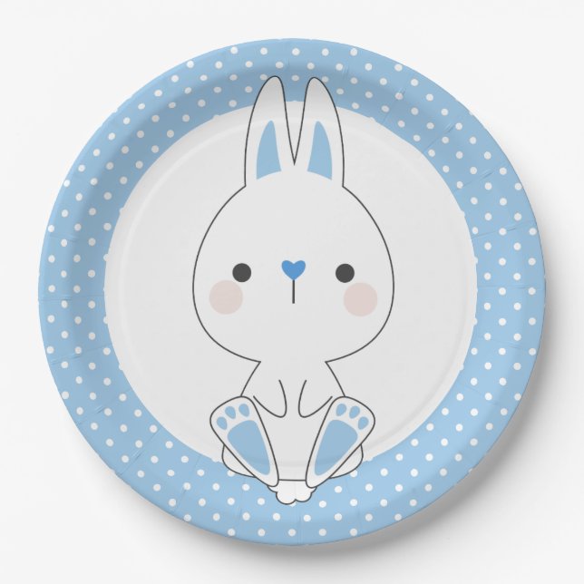 Blue Polka Dots & Niedlich Bunny Baby Shower Gebur Pappteller (Vorderseite)