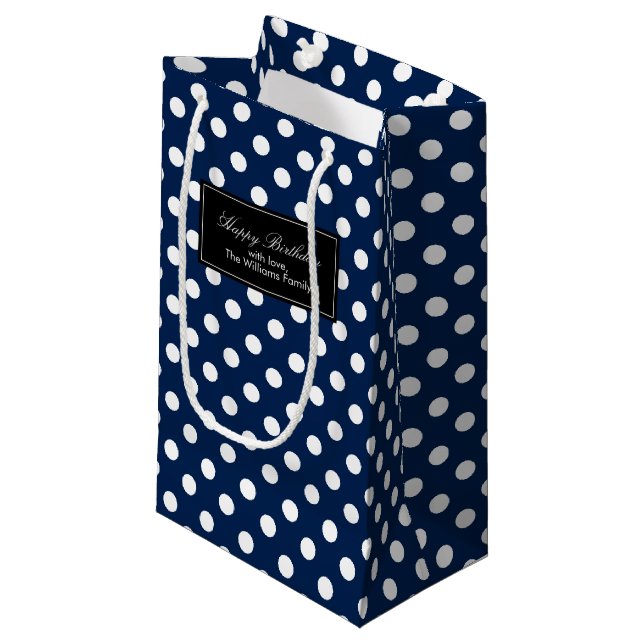 Blue Polka Dots Personalisiert Kleine Geschenktüte (Vorderseite Schrägansicht)