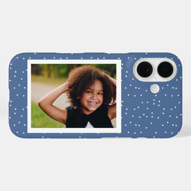 Blue Polka Dots Personalisiertes Foto iPhone 16 Hülle (Rückseite (Horizontal))