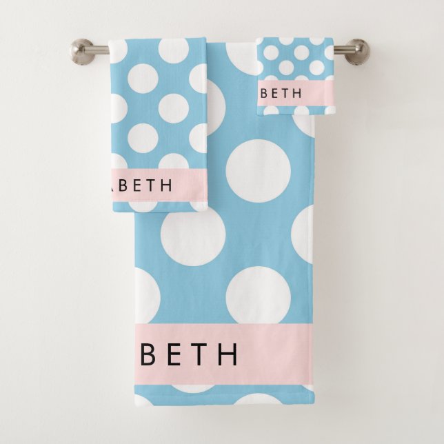 Blue Polka Dots, Polka Dot Pattern, Ihr Name Badhandtuch Set (Insitu)