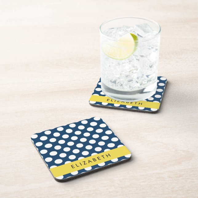 Blue Polka Dots, Polka Dot Pattern, Ihr Name Getränkeuntersetzer (Rechte Seite)