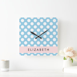 Blue Polka Dots, Polka Dot Pattern, Ihr Name Quadratische Wanduhr