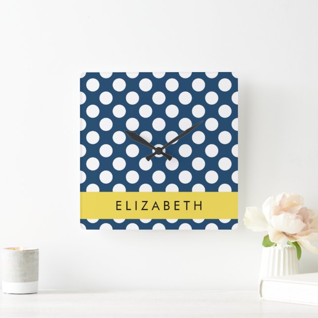 Blue Polka Dots, Polka Dot Pattern, Ihr Name Quadratische Wanduhr (Zuhause)