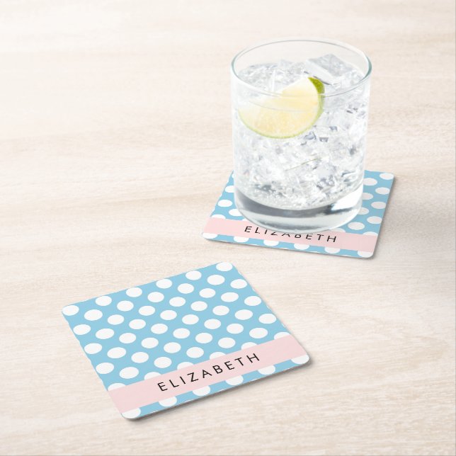 Blue Polka Dots, Polka Dot Pattern, Ihr Name Rechteckiger Pappuntersetzer (Vor Ort)