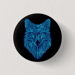 Blue Poly Wolf Head Button