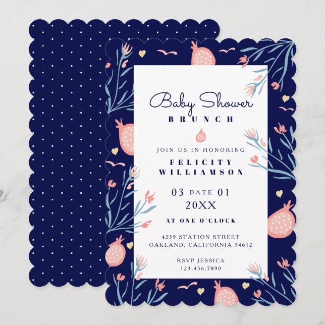 Blue Pomegranate & Florals Baby Dusche Brunch Einladung (Vorne/Hinten)