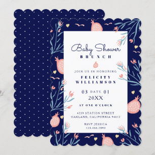 Blue Pomegranate & Florals Baby Dusche Brunch Einladung