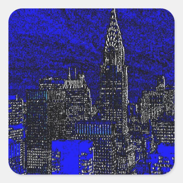 Blue Pop Art New York City Quadratischer Aufkleber (Vorderseite)