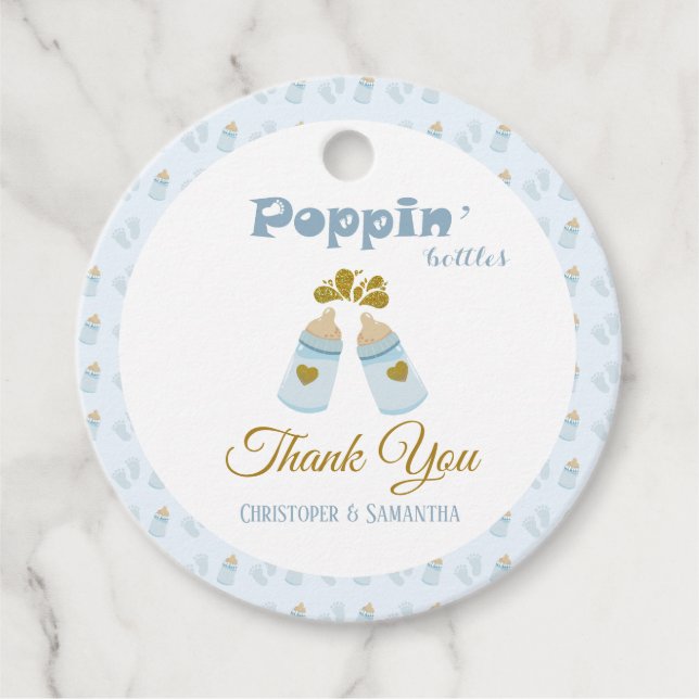 Blue Poppin Flaschen Boy Baby Dusche Geschenkanhänger (Vorderseite)