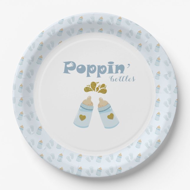Blue Poppin Flaschen Boy Baby Dusche Pappteller (Vorderseite)