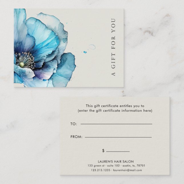 Blue Poppy Floral Élégant certificat cadeau (Devant / Derrière)