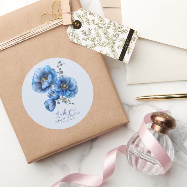 Blue Poppy Floral Wedding Vielen Dank Runder Aufkleber (Schenken)